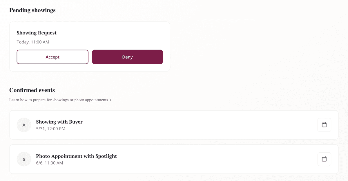 Calendar interface showing upcoming property appointments