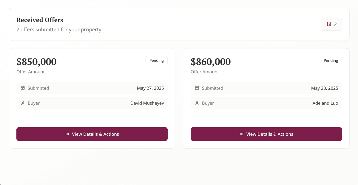 Dashboard interface for managing property offers
